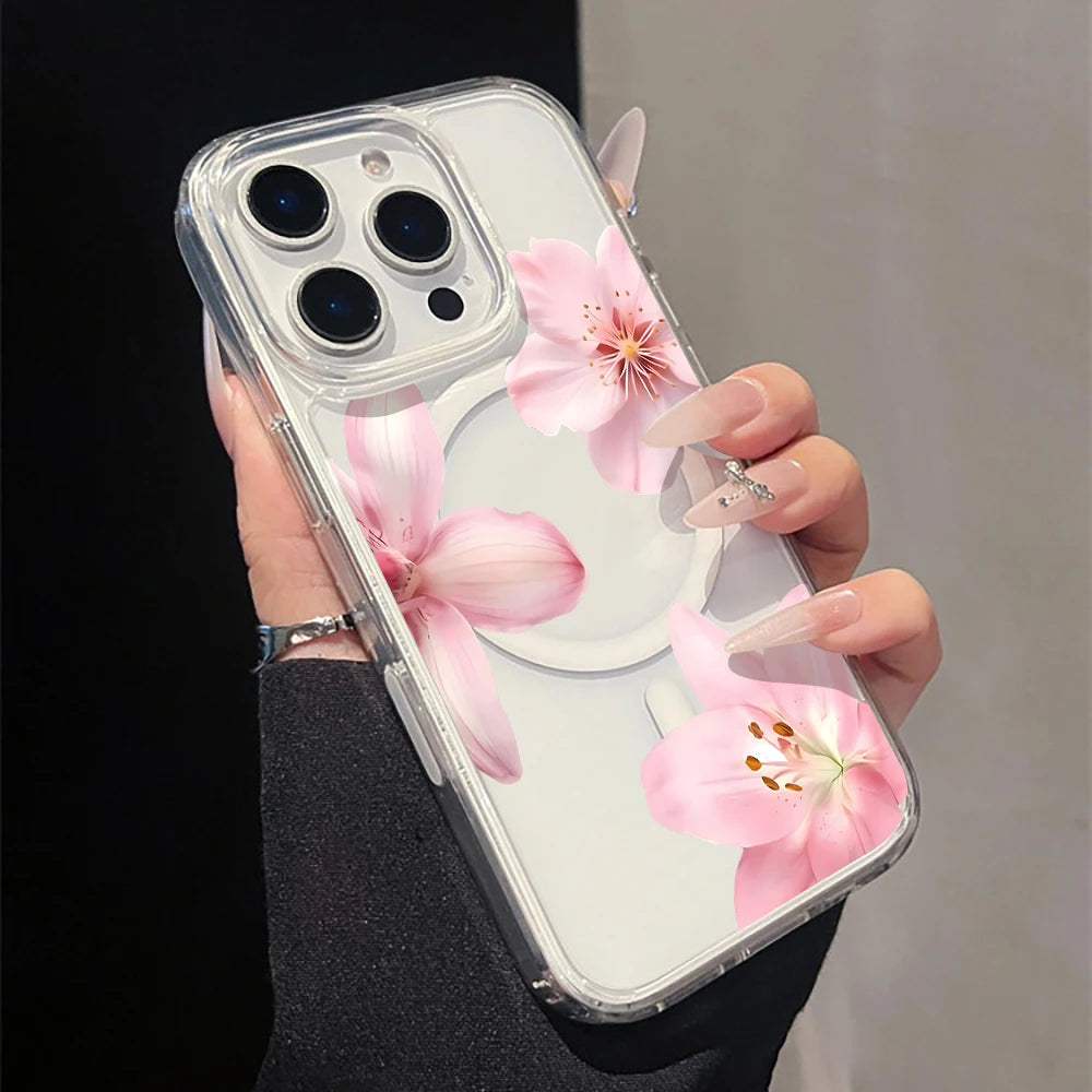 Pink Lily Cherry Blossom Magnetic Clear Phone Case for iPhone