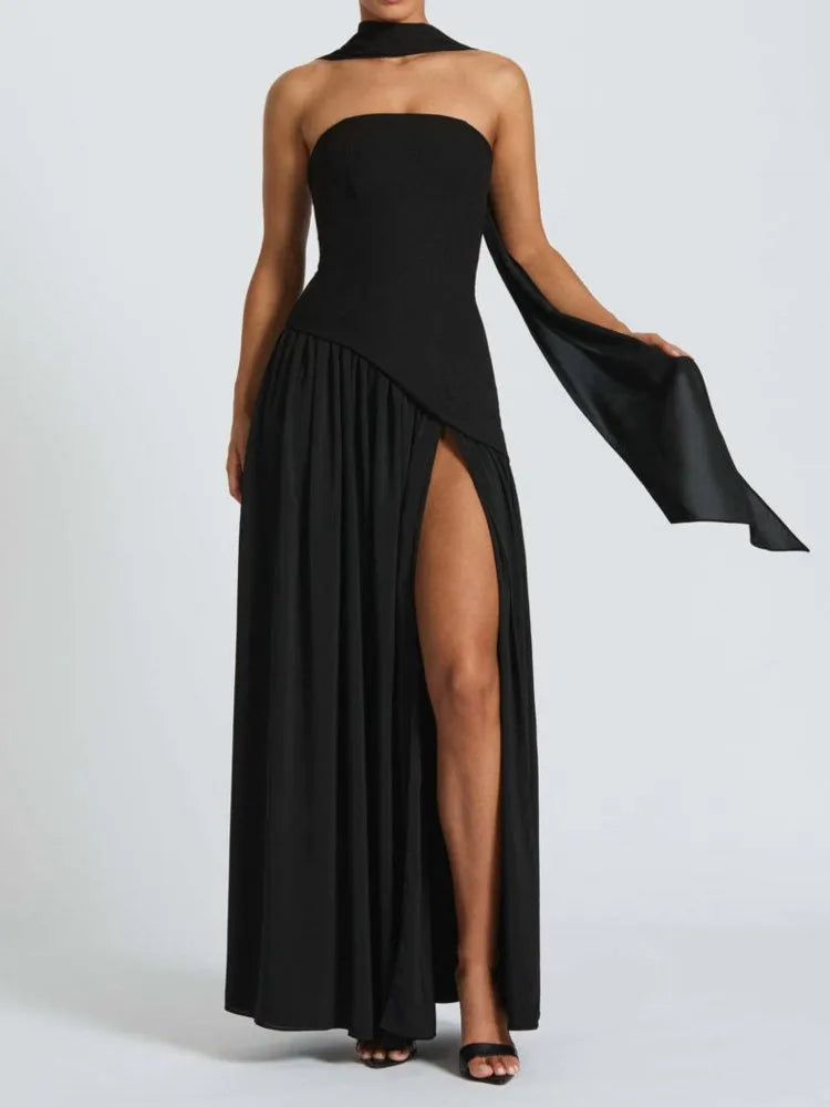 Elegant Pleated Long Dress for Women – Off-Shoulder, Scarf Neck, High Slit | Party & Evening Gown