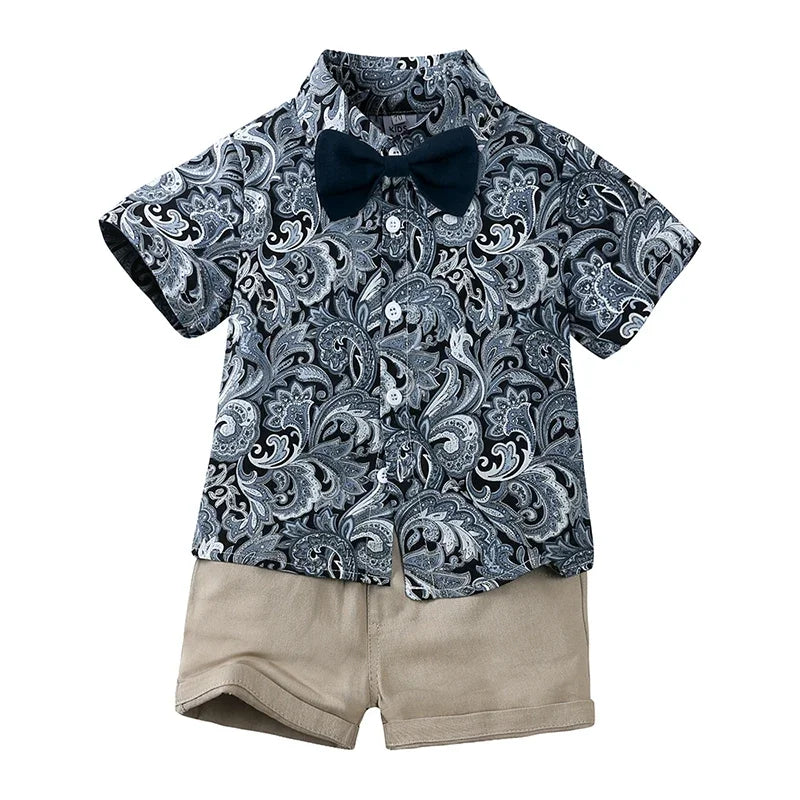 Baby Boys Floral Shirt & Shorts Set with Bowtie, Summer Gentleman Outfit for Infants and Kids