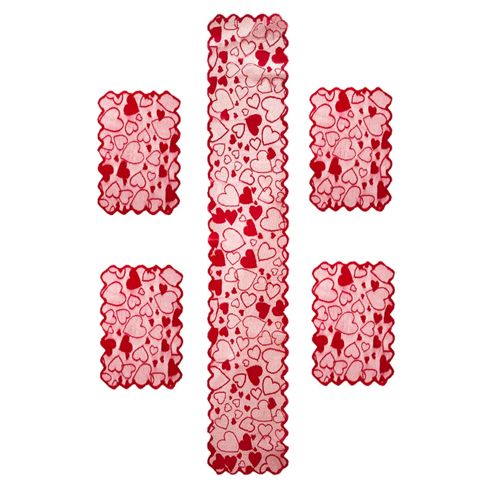 Classic red heart design polyester woven table runner, suitable for Valentine’s Day, family dining, home decoration, and everyday or special occasions.