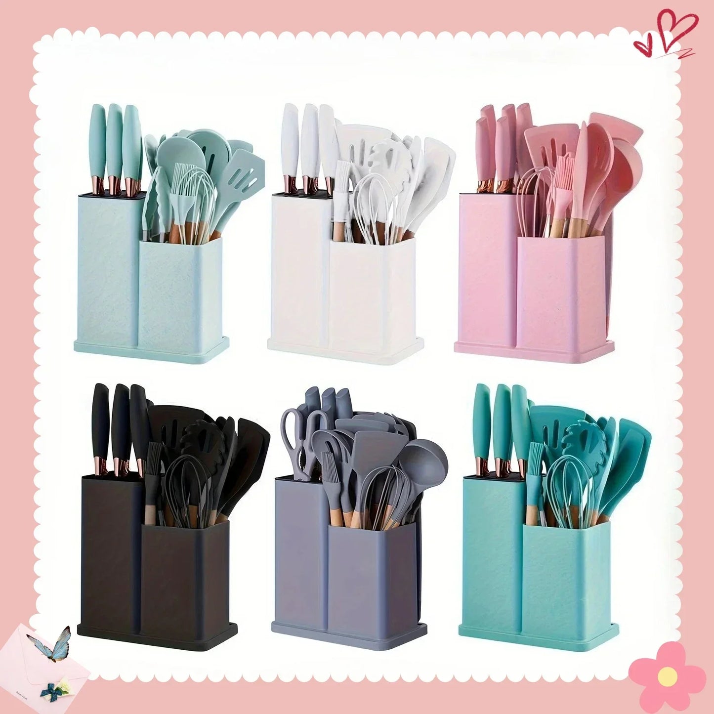 19-Piece Non-Stick Silicone Kitchen Utensil Set with Knives and Bamboo Storage – Heat-Resistant Tools Perfect for Cooking