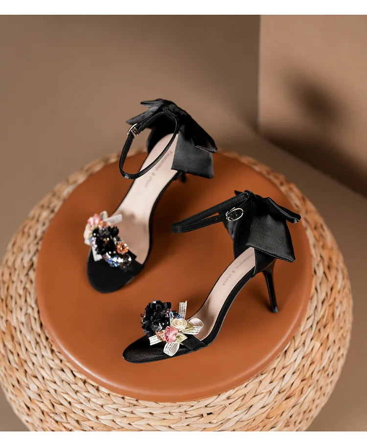 Women’s Open Toe High Heel Sandals – Satin Flower Bow, Buckle Strap, Elegant Dress & Wedding Shoes