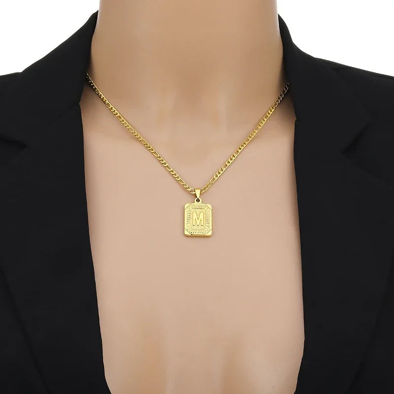 Initial Letter Pendant Necklace – Stainless Steel Cuban Link Chain, Square Charm Alphabet Necklace for Men & Women, Couple Gift Jewelry