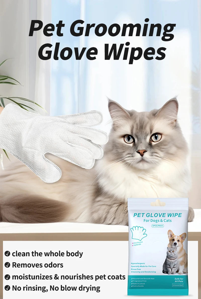 6PCS Pet Cleaning Gloves – Wash-Free Deodorizing Wipes for Cats & Dogs, Disposable Dry Bath Grooming Gloves