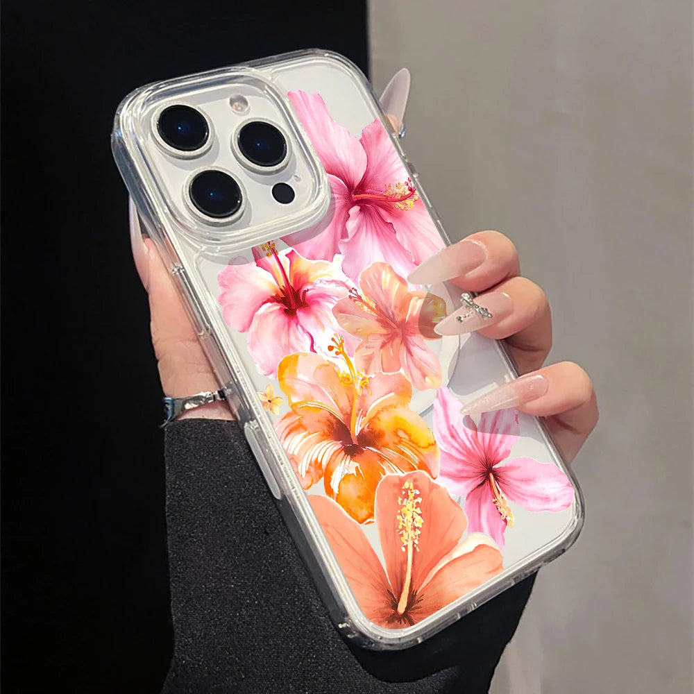 Pink Lily Cherry Blossom Magnetic Clear Phone Case for iPhone