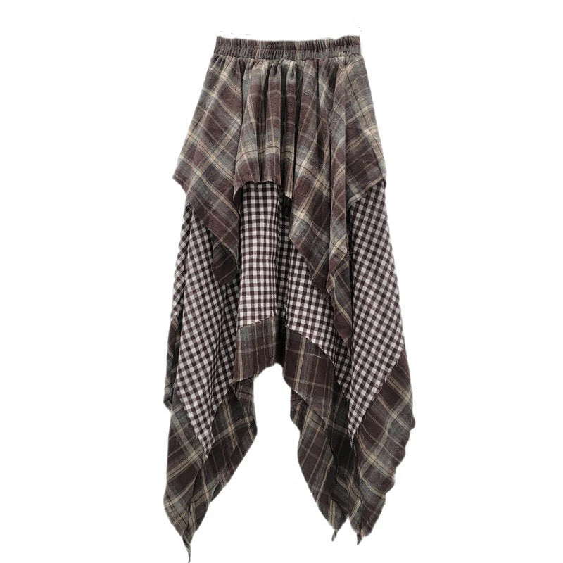 Irregular Plaid Patchwork Pleated A-Line Midi Skirt