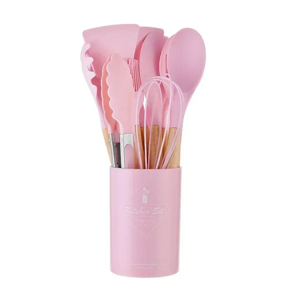 12-Piece Non-Stick Silicone Cooking Spoon Set with Wooden Handles – Heat-Resistant Kitchen Utensils with Storage Container | Ideal for Home & Professional Use