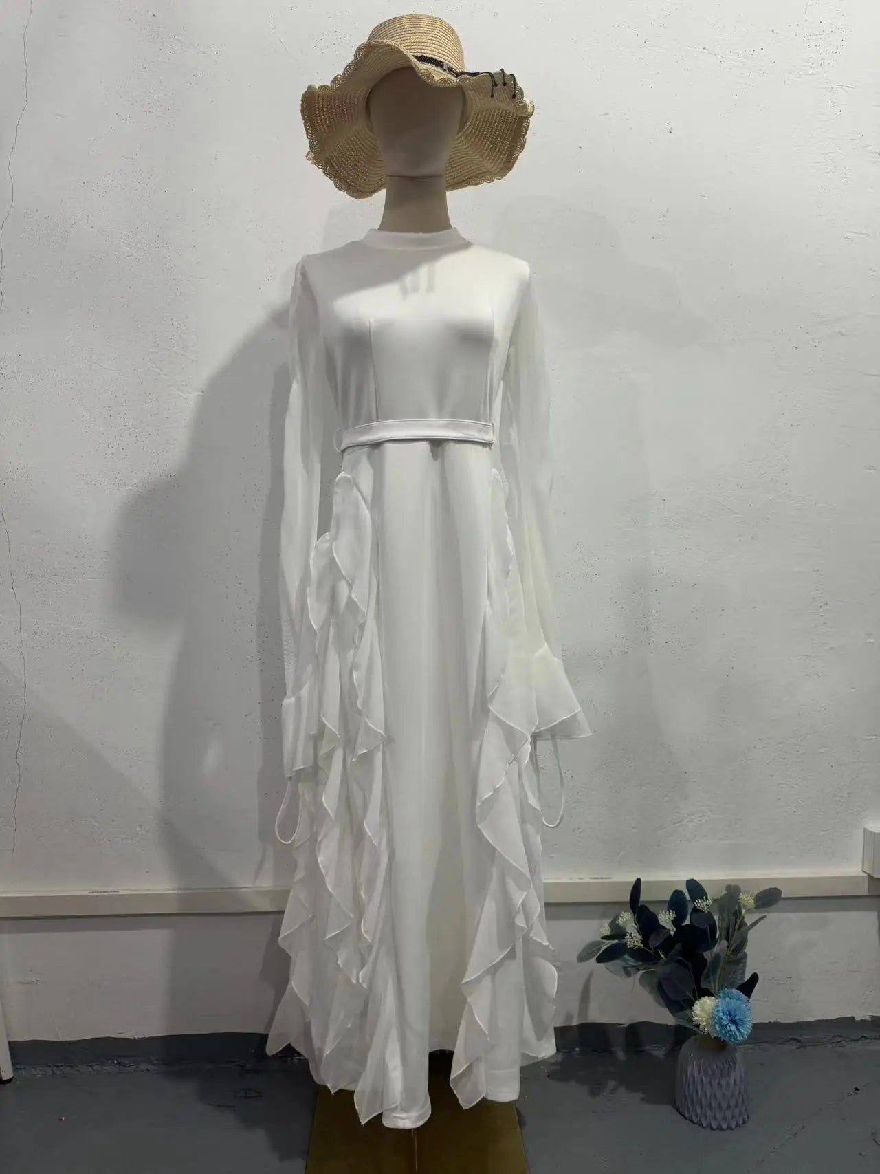 Eid Luxe Flow Gown – Elegant Modestwear Kaftan Inspired by Moroccan Jalabiya, Ruffle Trim Dubai Style Robe Dress for Women"