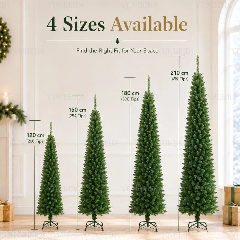 Slim Pencil Artificial Christmas Tree with Metal Stand, 120–210 cm Green PVC Tree with Optional Warm White USB Lights