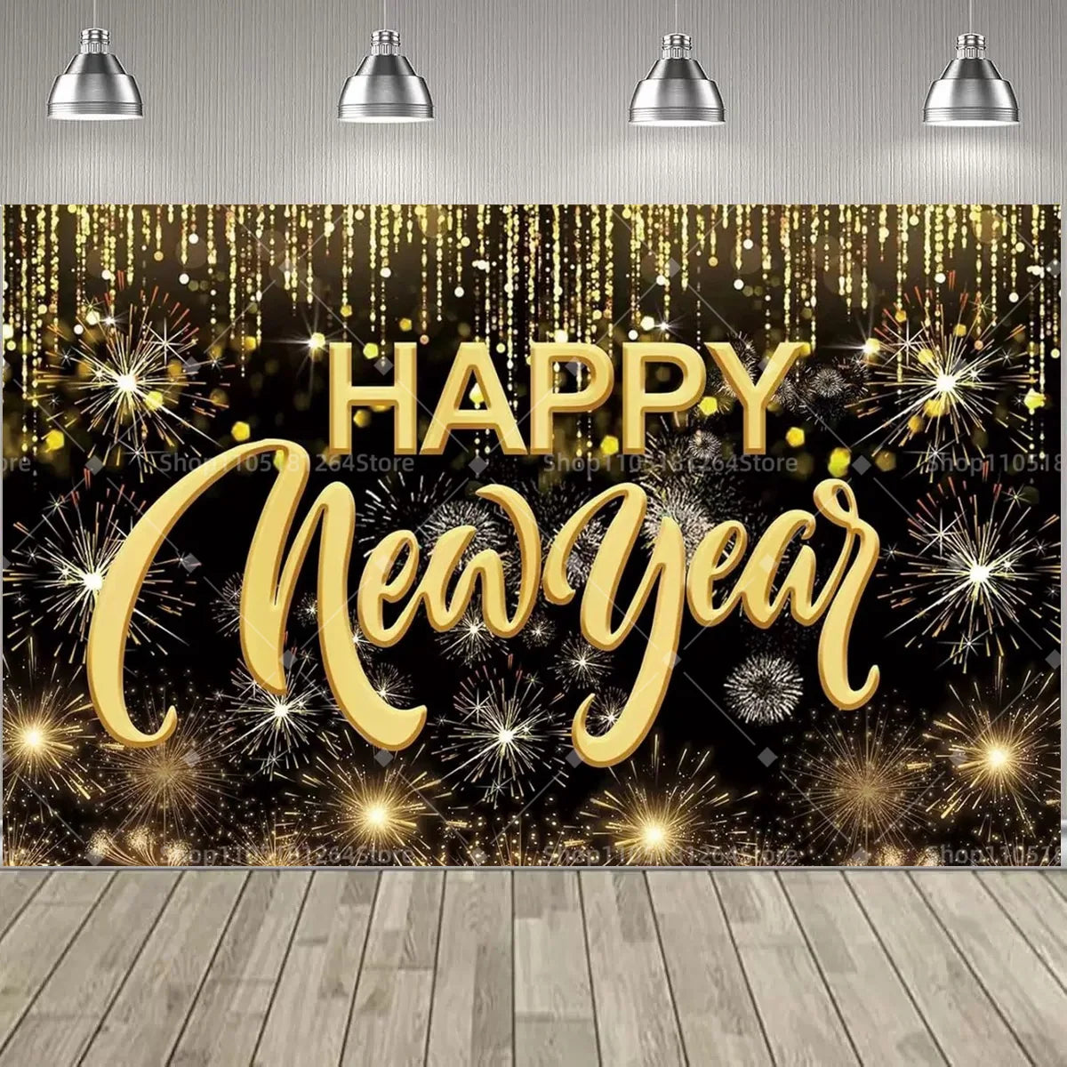 Black & Gold Happy New Year Party Decoration Banner – Festive Photo Backdrop for New Year & Holiday Celebrations