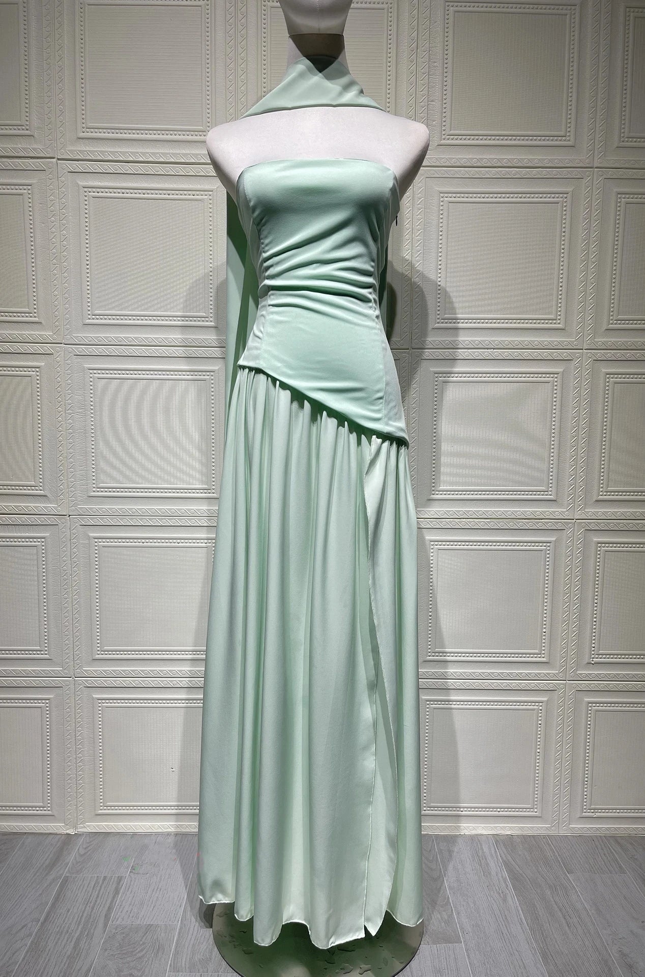 Elegant Pleated Long Dress for Women – Off-Shoulder, Scarf Neck, High Slit | Party & Evening Gown