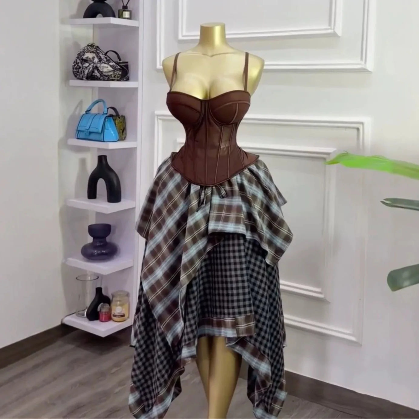 Y2K Retro Brown 2-Piece Mesh Bustier Top and Plaid Skirt Set