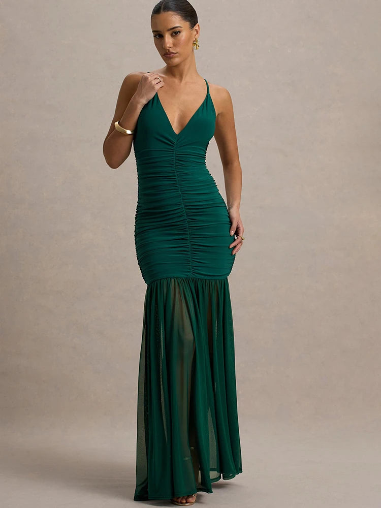 Women's Patchwork V-Neck Maxi Dress – Backless High-Waist Ruched Evening Gown