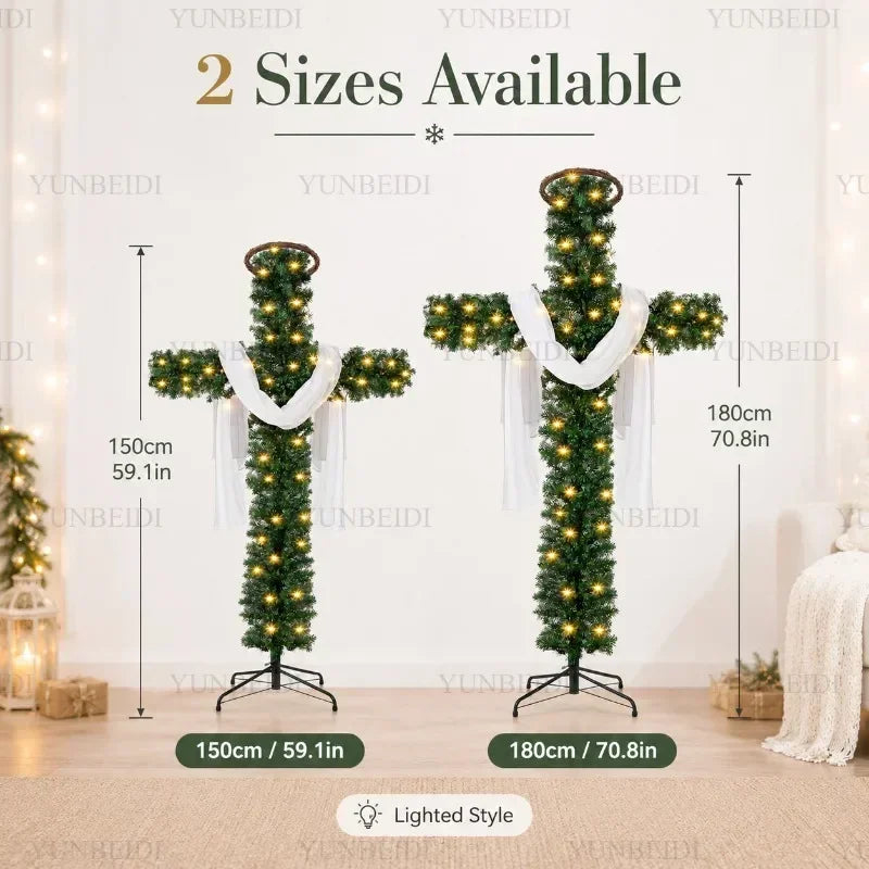 Cross-Shaped Artificial Christmas Tree with Metal Stand, 150 or 180 cm Green PVC Religious Holiday Decoration with Optional USB Lights