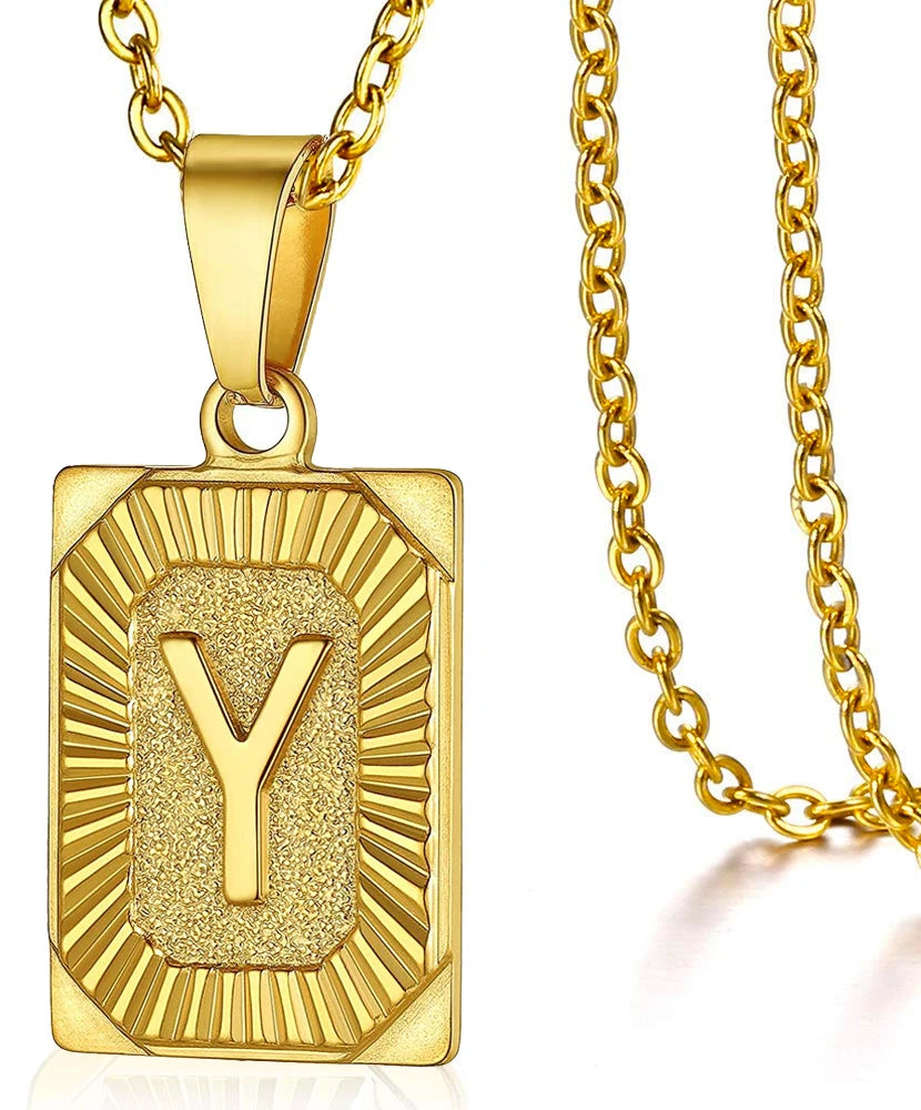 Initial Letter Pendant Necklace – Stainless Steel Cuban Link Chain, Square Charm Alphabet Necklace for Men & Women, Couple Gift Jewelry