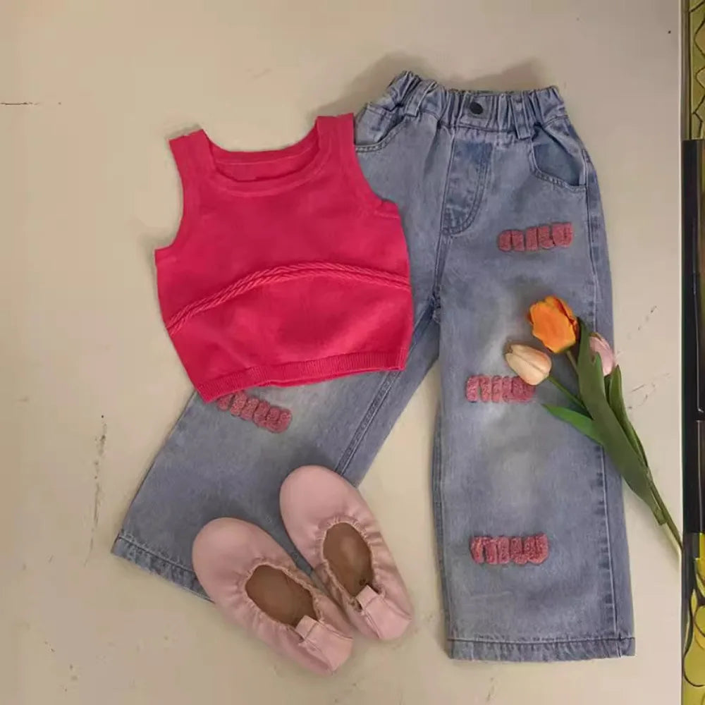 2-piece Bear Leader Fashion New Summer Kids Clothes Pink Sleeveless Vest+Denim Pants Set Korean Version Simple Girls Clothing