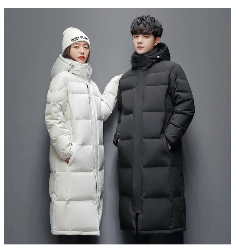 Winter Long White Down Jackets Men Women Hooded Thick Warm Over-the-Knee Puffer Jacket Man Overcoats Couple Padded Down Coat