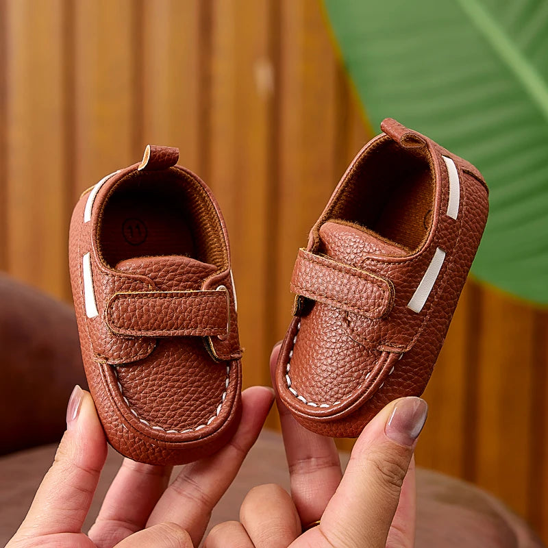 Baby Soft-Sole Loafer Shoes with Hook-and-Loop Straps, PU Leather Prewalker Moccasin Style