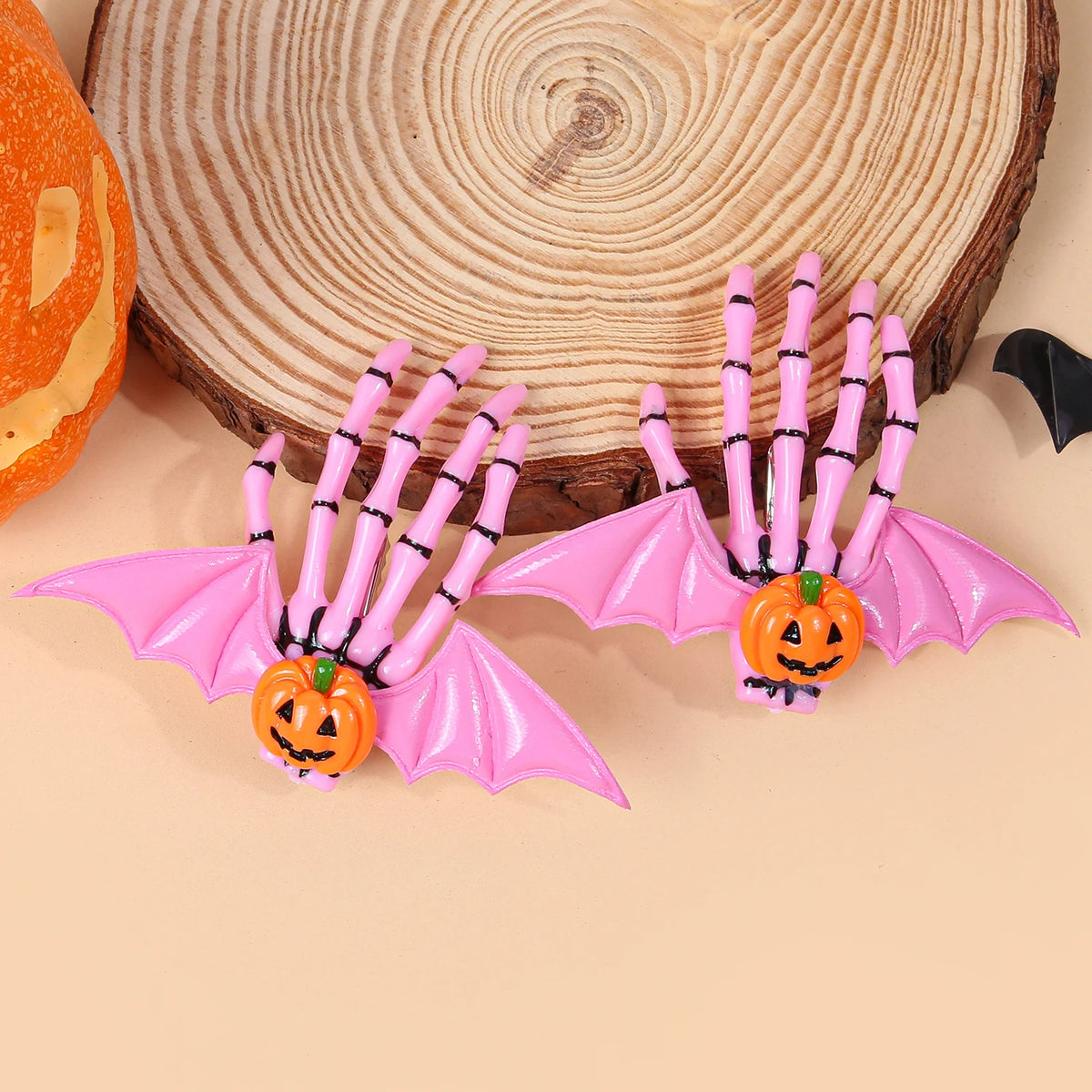 Halloween Skeleton Hand Hair Clips with Bat Wings, Pumpkin and Ghost Details for Gothic Hairstyles, Cosplay Costumes and Themed Parties