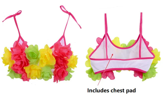 Hawaiian Hula Costume Set for Kids & Teens – Grass Skirt, Top, Flower Lei Necklace, Headband, Anklets & Bracelets (40 cm)
