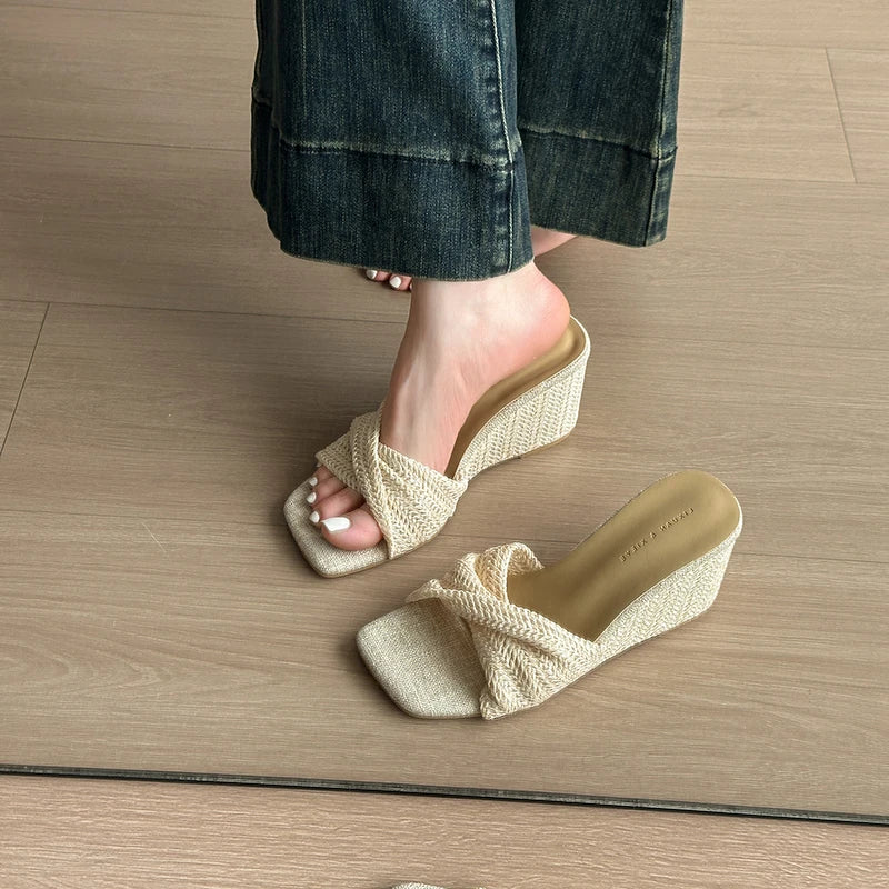 Women’s Designer Weave Wedge Slides – Open Toe Height Increase Summer Sandals, Fashion Outdoor Slip-On Dress Shoes