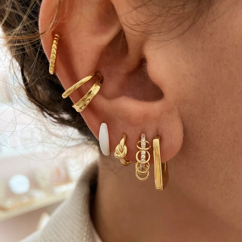 925 Sterling Silver Multi-Turn Hoop Earrings with White Zircon, Fashion Punk Jewelry for Women
