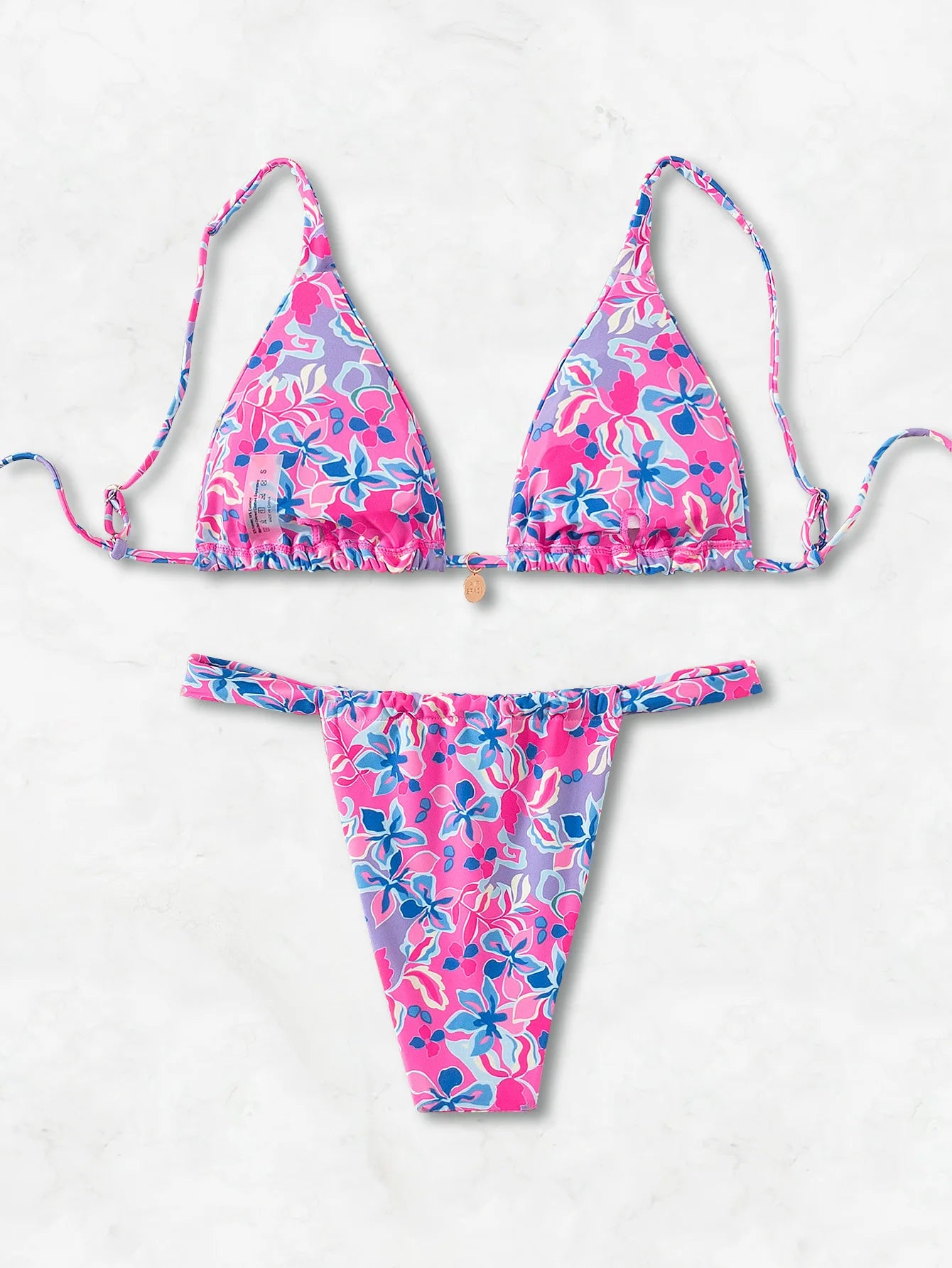 Women’s Blue Floral Print 2-Piece Bikini Set – Push-Up Bra and Thong Swimsuit for Beach and Swimwear