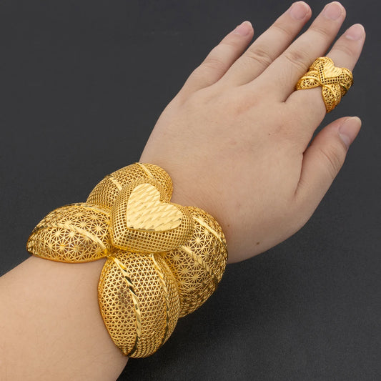Arab Dubai Luxury Gold-Plated Jewelry Set – Large Copper Bangle and Adjustable Ring for Women, Elegant Fashion Wedding Jewelry