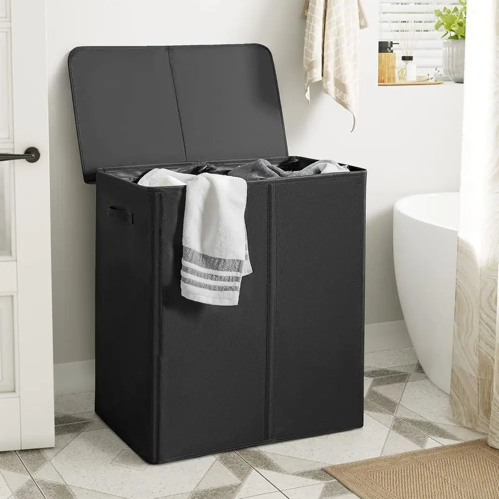 Double Laundry Hamper with Lid and 2 Removable Bags, Collapsible Divided Laundry Basket
