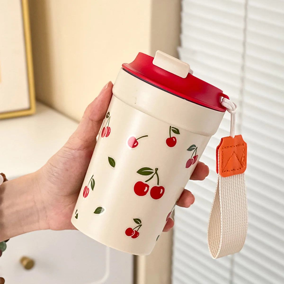 Cherry Pattern Plastic Tumbler Cup with Rope – 350–400ml Reusable Water, Coffee & Milk Mug