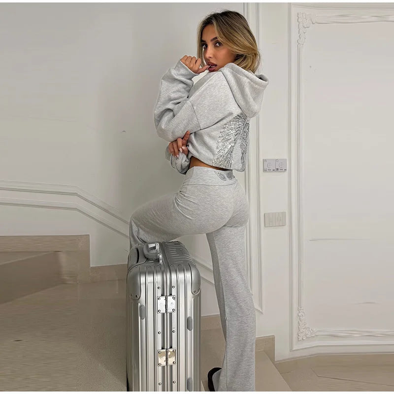 Women’s Sequined Wing Hooded Sweatshirt, Casual Long Sleeve Loose Fit Hoodie