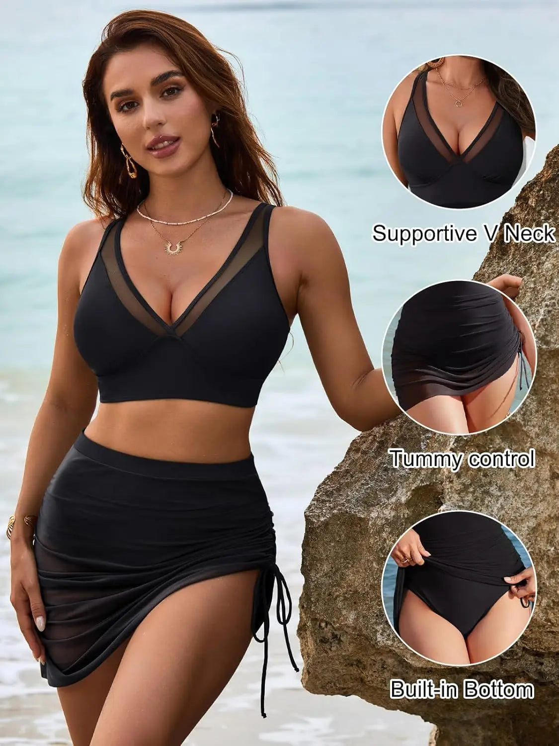 Women’s Mesh Drawstring Swimsuit – Solid Color Stylish Bathing Suit