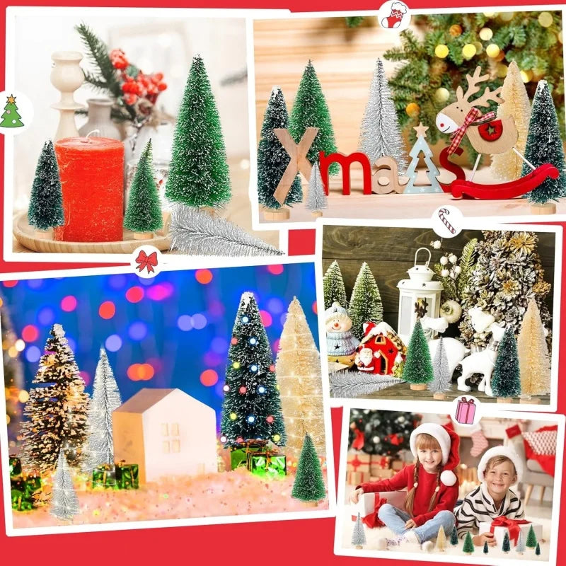 12-Piece Mini Bottle Brush Christmas Tree Set, 4.5 cm Sisal Trees with Wooden Bases for Holiday Villages, Tabletop Displays and DIY Crafts