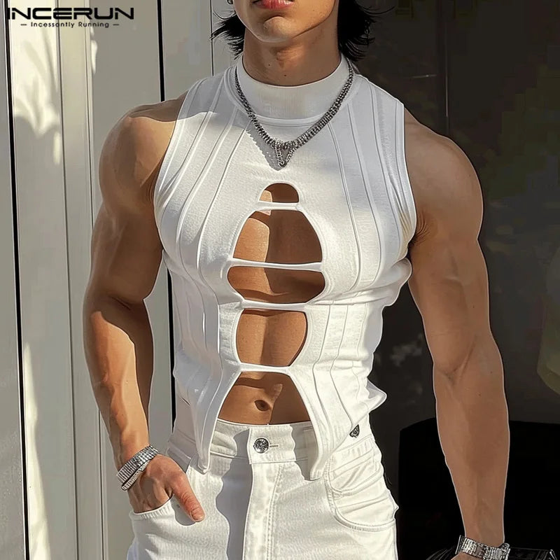 Stylish Clubwear Tops – INCERUN Men's Hollow-Out Semi High Neck Knitted Vests, Fashion Sleeveless Solid Tank Tops (Sizes S–5XL)
