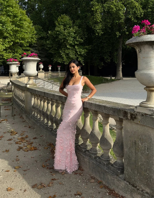 Luxury Blush Pink 3D Floral Mermaid Evening Gown, Halter Lace, Custom Sizes