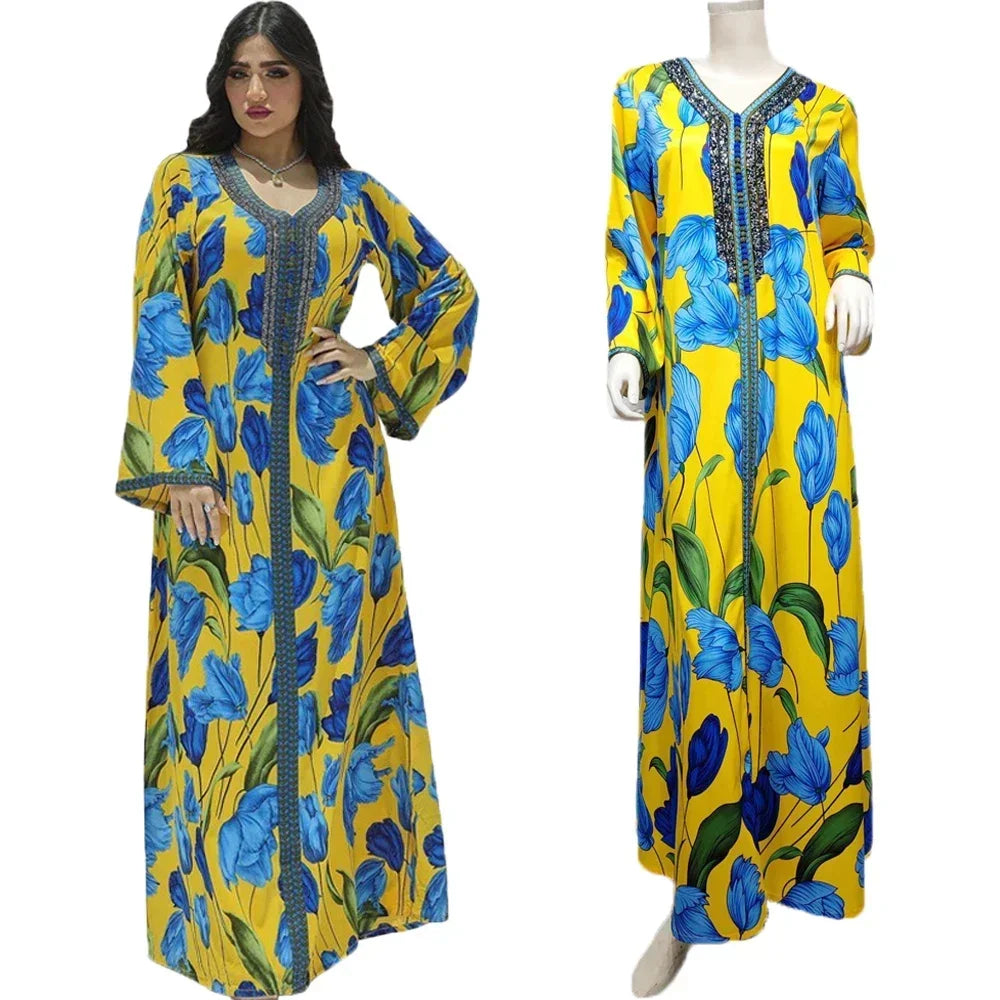 Elegant Ethnic Print Abaya Maxi Dress for Women – Muslim Jalabiya Modest Kaftan for Spring & Autumn