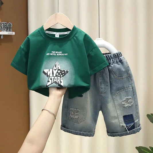 Kids Set New Summer Short Sleeve Pullover Shirt +Jeans Pants 2pcs Outfits Baby Boys Sport Clothes Girls Boutique Clothing Korean Style