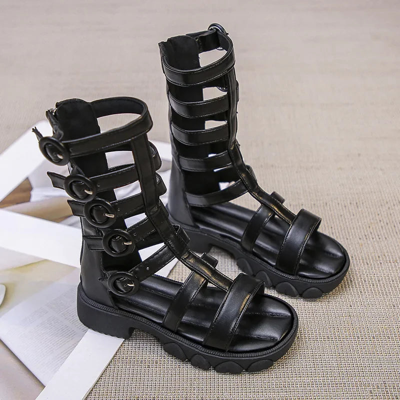 Girls' High-Top Roman Sandals – Soft Sole Summer Shoes for Children | Cut-Out Design, Buckle & Zipper | Princess Beach Sandals