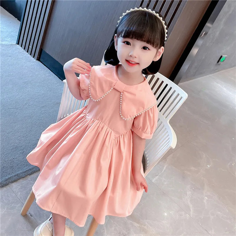 Fashion LOVE DD&MM Girls Princess Dresses Summer Casual Kids Sweet Pearl Short Sleeve Dress Baby Costume Party Vestidos Clothes Outfits