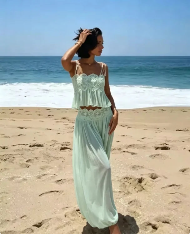 Women's Lace Double Strap Crop Top Two-Piece Set, Boho Sleeveless Flowy