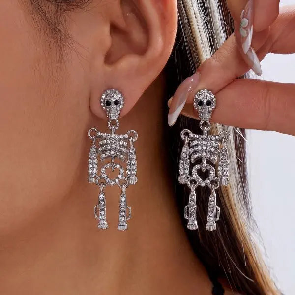 rinhoo Halloween Skull and Skeleton Dangle Earrings for Women, Gothic Zinc Alloy Statement Jewellery for Punk Outfits and Costume Parties