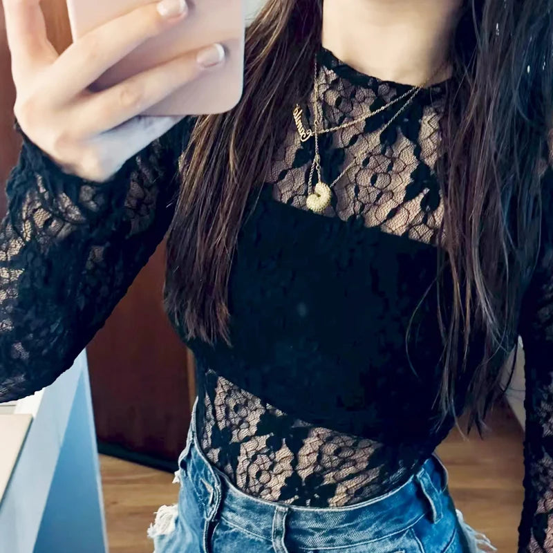 Women's Lace Bodysuit – Black Cutwork One-Piece, Long Sleeves, O-Neck, High-Stretch Fabric – Elegant Autumn Wear