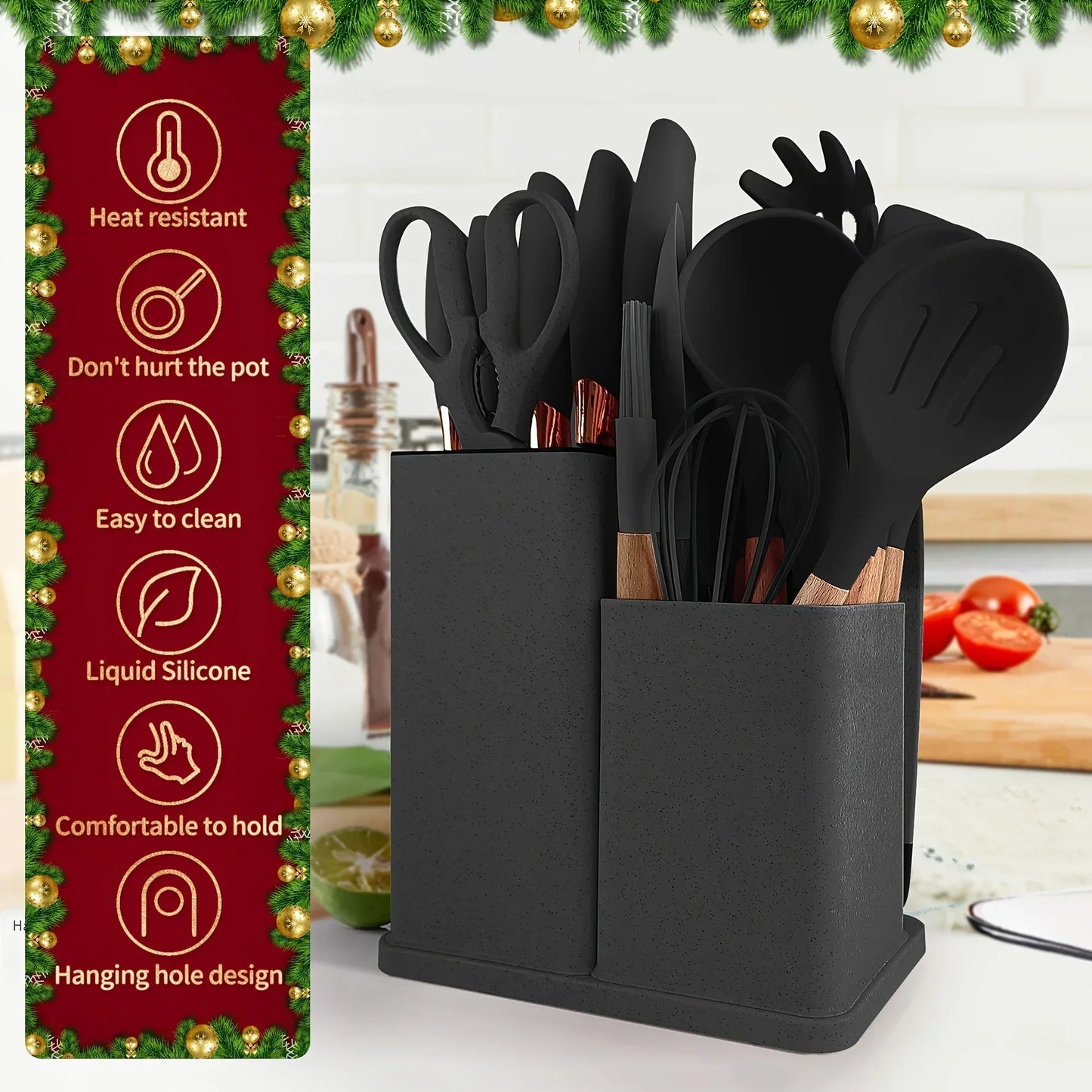 19-Piece Non-Stick Silicone Kitchen Utensil Set with Knives and Bamboo Storage – Heat-Resistant Tools Perfect for Cooking