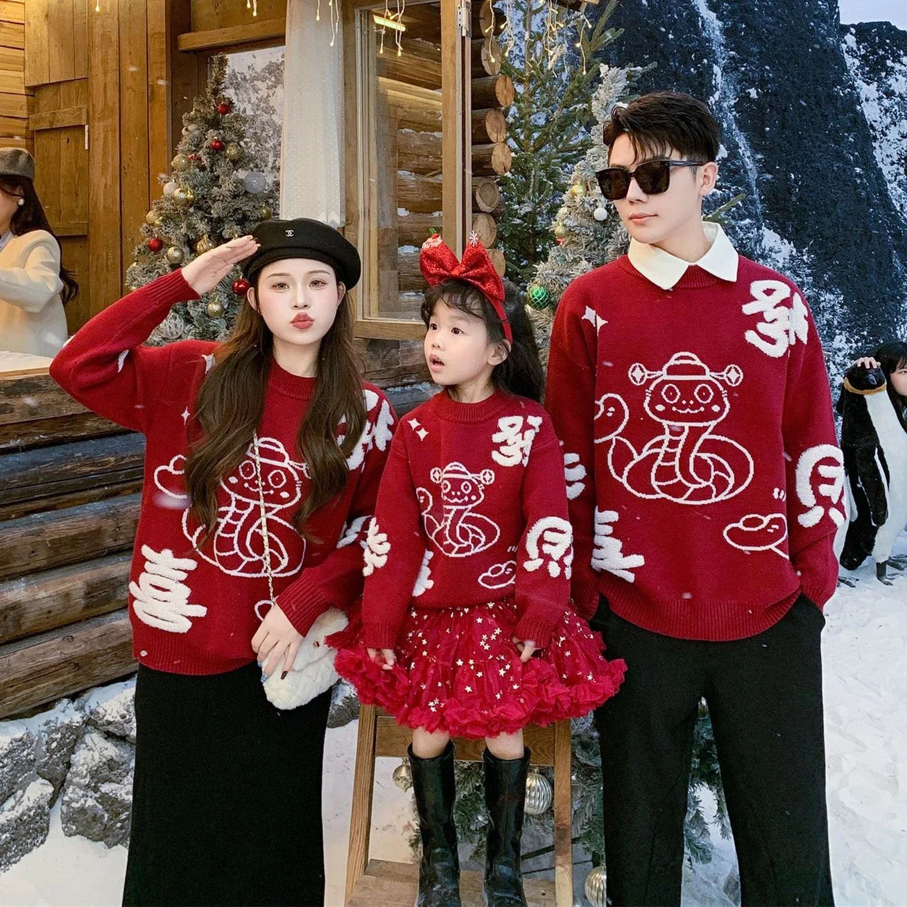 New Year Matching Family Red Chinese Sweater Father Mother and Daughter Son Snake Knit Jumper Infant Baby Knit Romper