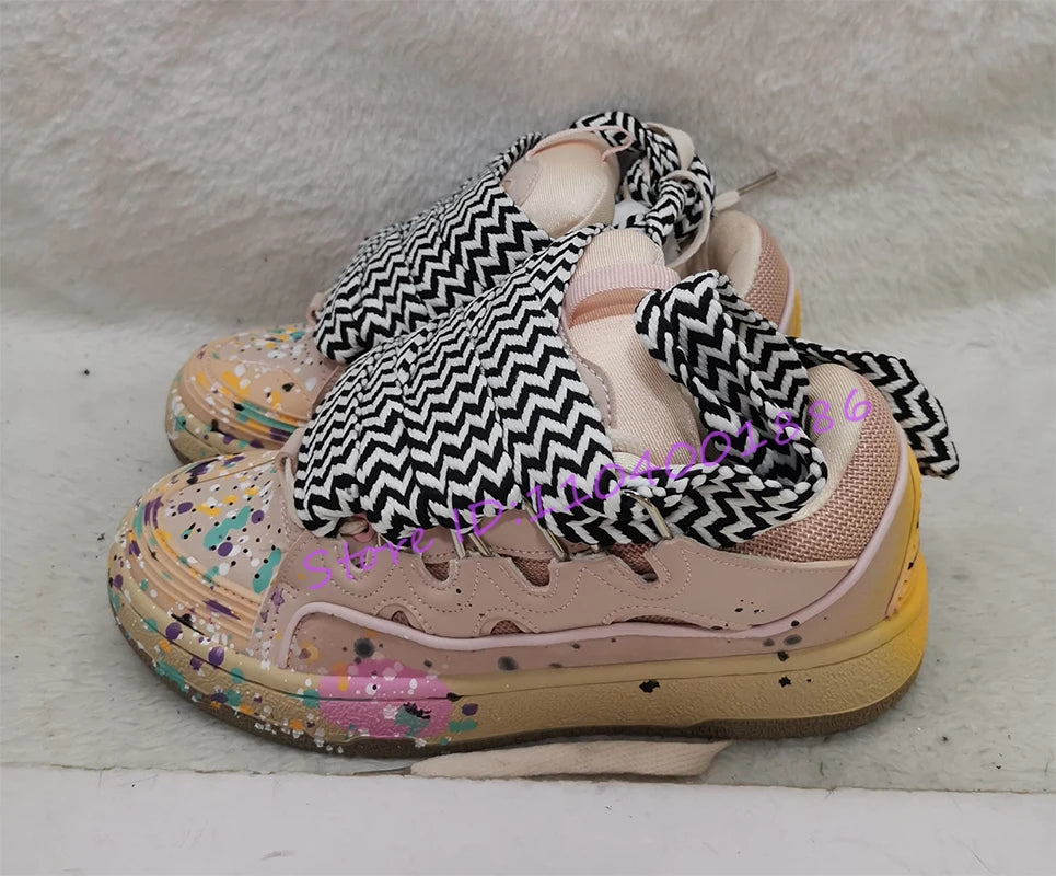 Thick Sole Casual Sneakers – Mixed Color Lace-Up Skateboard Shoes, Round Toe Breathable Outdoor Fashion Shoes