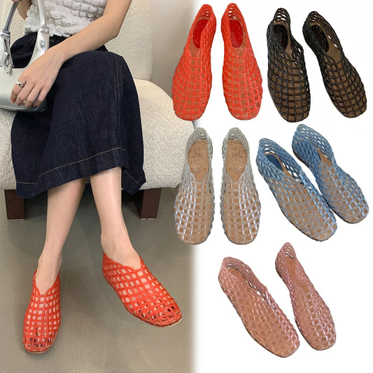 Women’s Mesh Jelly Ballet Flats – Square Toe, Hollow Out Design, Lightweight & Breathable Summer Beach Shoes