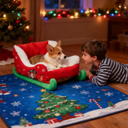 Christmas Sleigh-Shaped Cat and Dog Bed with Soft Plush Lining and Raised Sides, Festive Indoor Pet Sleeping Nest