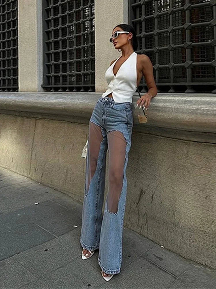 Women’s High-Waist Distressed Denim Jeans with Sheer Mesh Knee Panels – Trendy Streetwear Pants | Italian Street Style