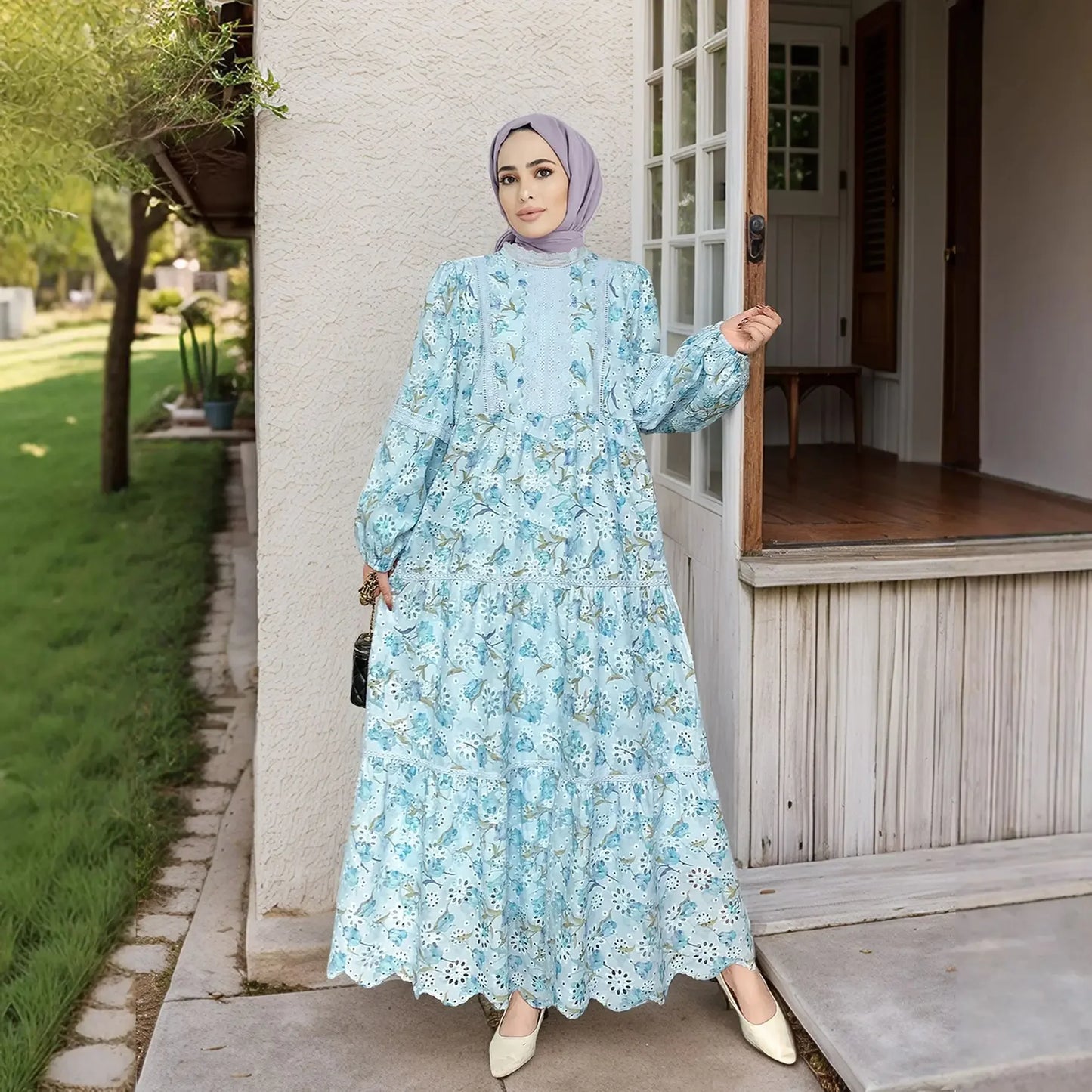 Elegant Ethnic Print Abaya Maxi Dress for Women – Muslim Jalabiya Modest Kaftan for Spring & Autumn