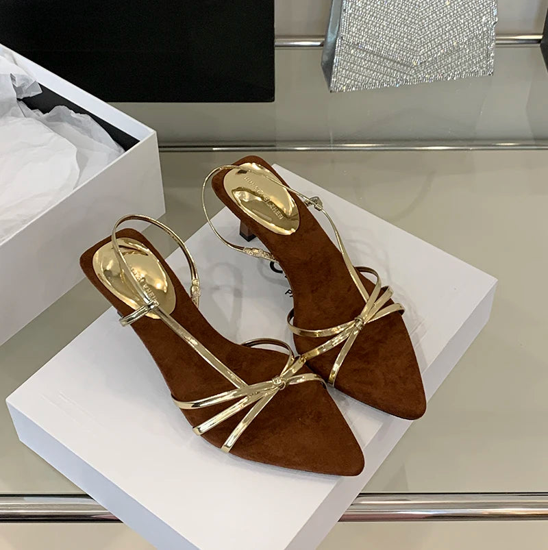 Women’s Summer Heeled Sandals – 2025 Fashion Pointed-Toe Open Design with Spaghetti Straps | Party & Dress Shoes